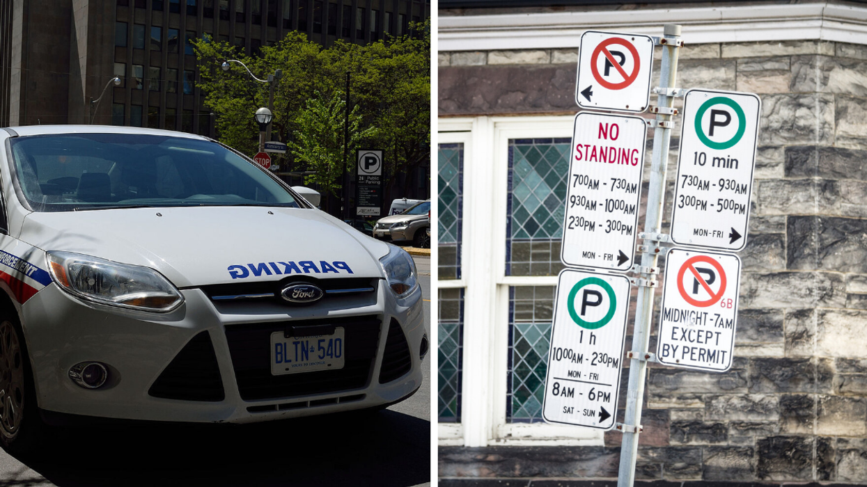Toronto parking enforcement car. Right: Parking signs.