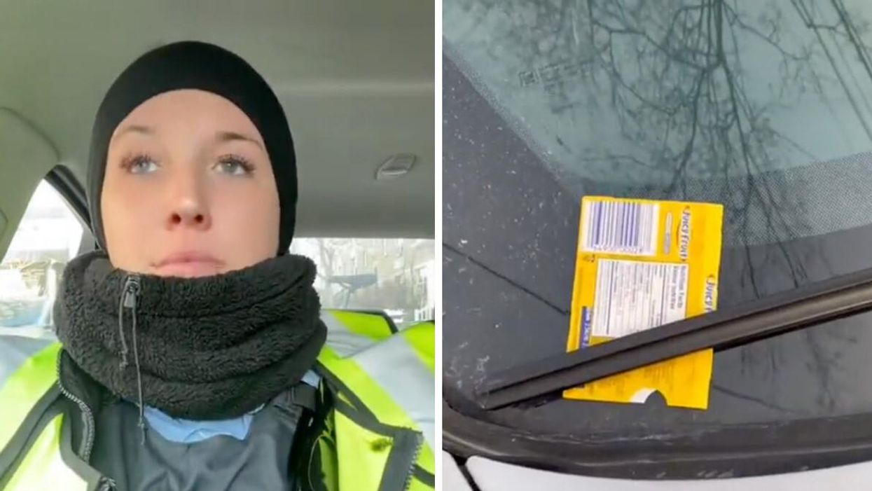Toronto parking enforcement officer Erin Urquhart. Right: Yellow gum pack on a car in Toronto.