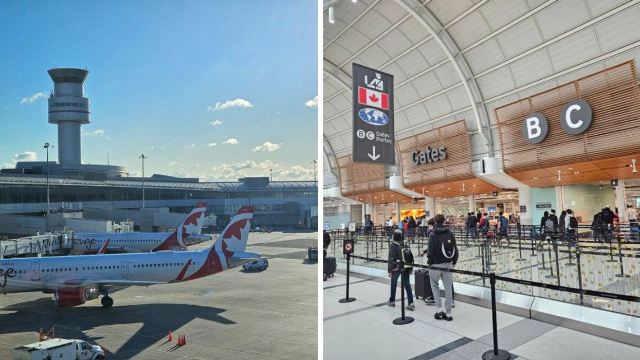 Toronto Pearson Airport. Right: Security lines at Toronto Pearson Airport.