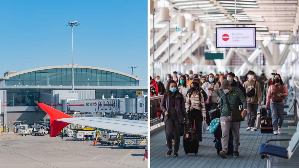 Toronto Pearson Airport. Right: Travellers moving through an airport.
