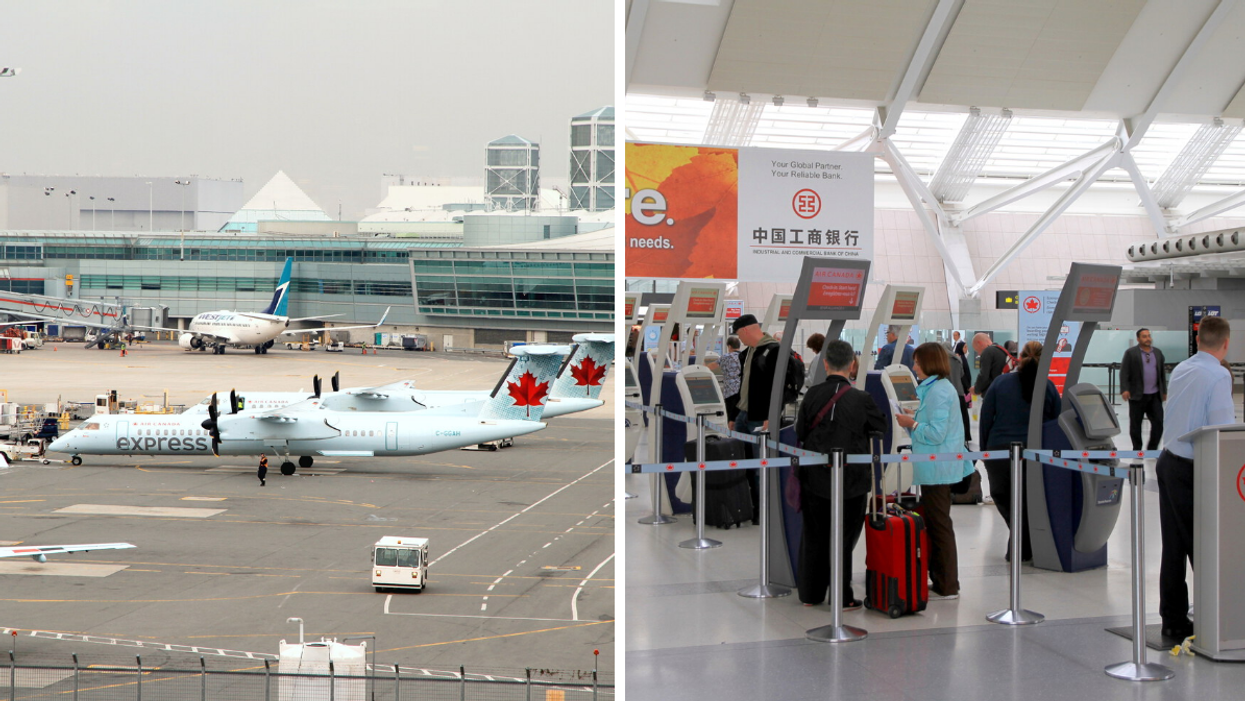 Toronto Pearson Airport runway. Right: Inside Toronto Pearson Airport.