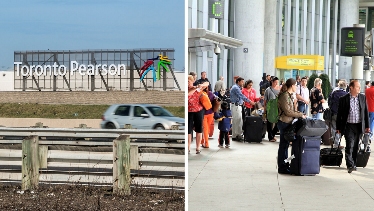 Toronto Pearson Airport sign. Right: Travellers waiting outside the airport.
