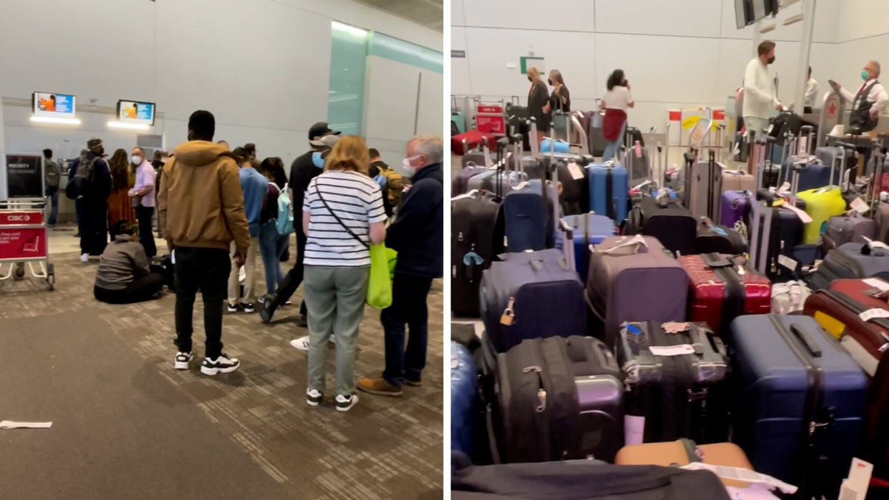 Toronto Pearson Airport travellers waiting for their bags. Right: Rows of unclaimed suitcases.