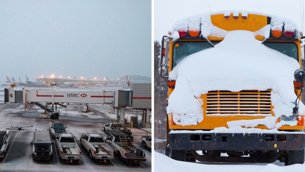 Toronto Pearson during the winter. Right: A snowy school bus.