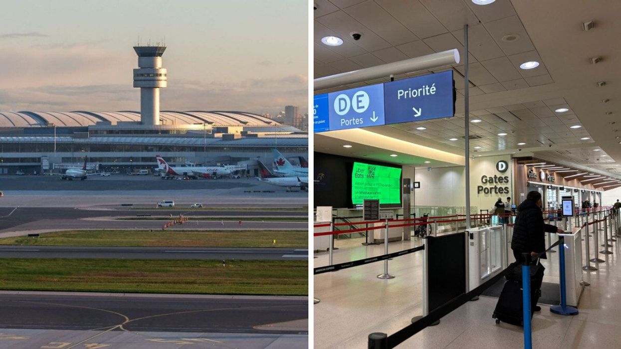 Toronto Pearson International Airport. Right: A security line at Toronto Pearson Airport.