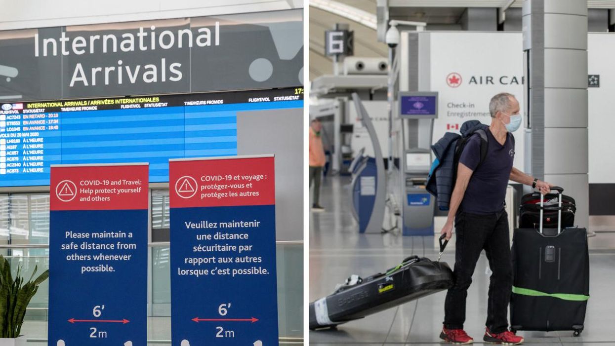 Toronto Pearson's international arrivals with a sign about COVID-19. Right: Traveller at the airport.