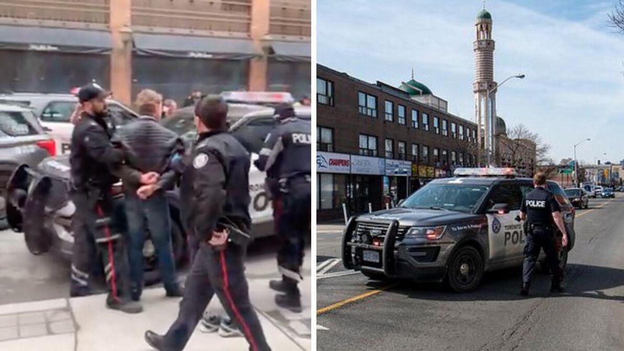 Toronto police arresting a suspect. Right: A Toronto police cruiser.