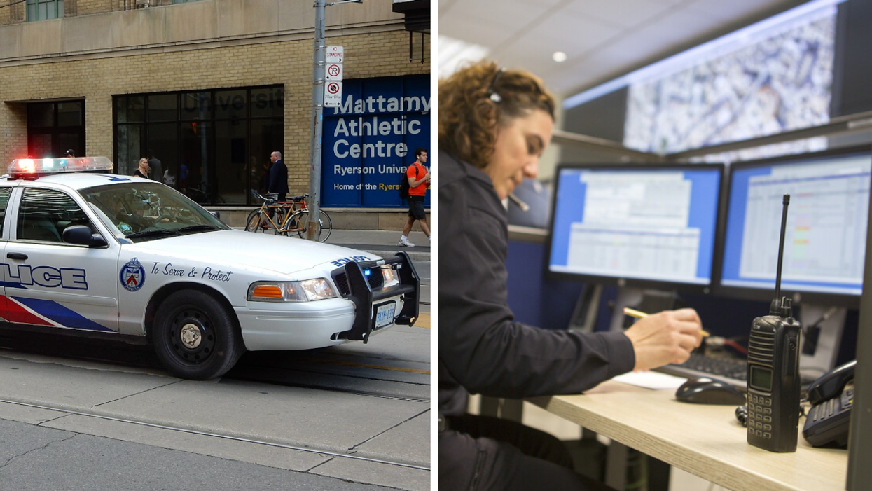 Toronto police car. Right: An officer at an emergency call centre.
