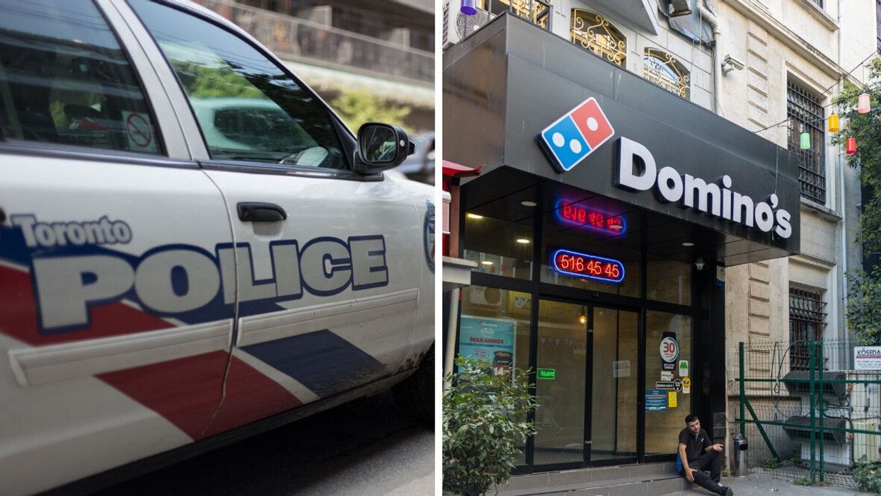Toronto Police Car. Right: Domino's Pizza store.