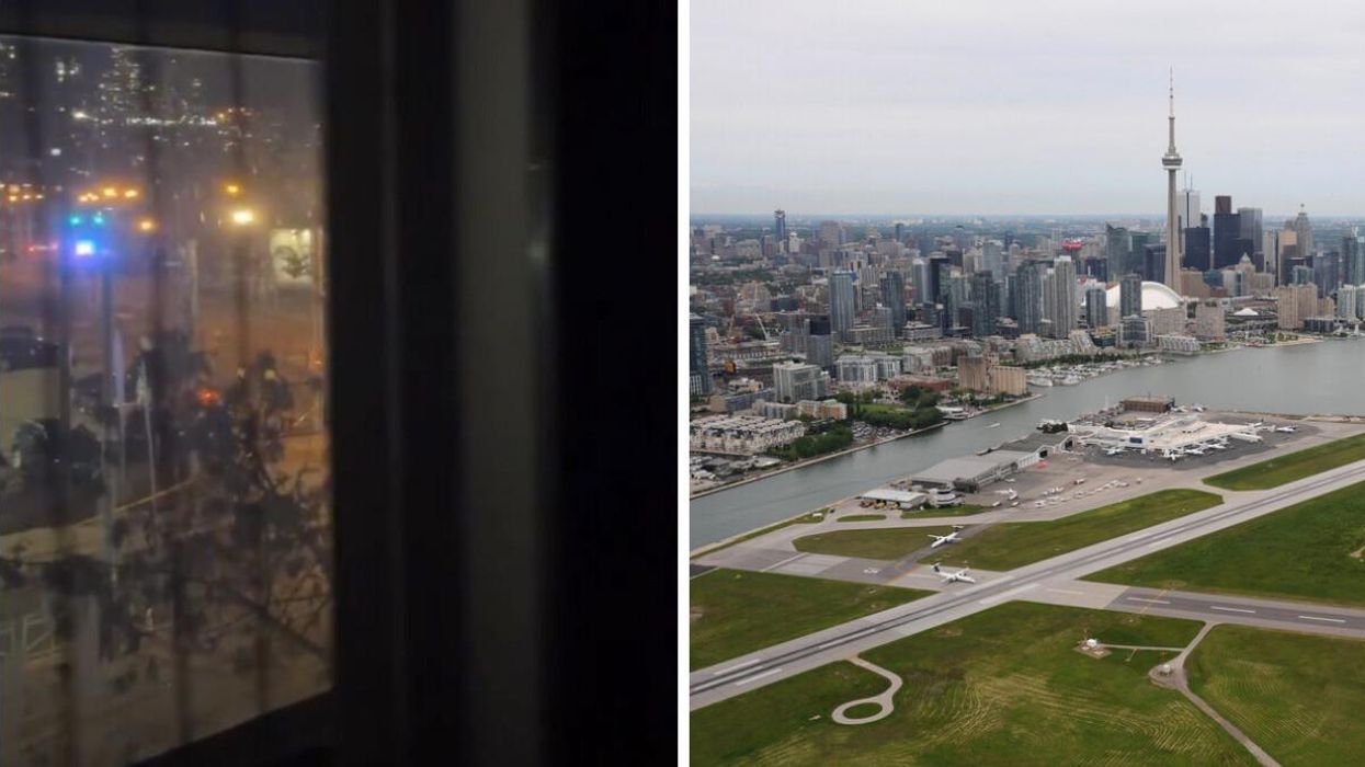 Toronto Police conduct a controlled detonation. Right: Billy Bishop Airport.