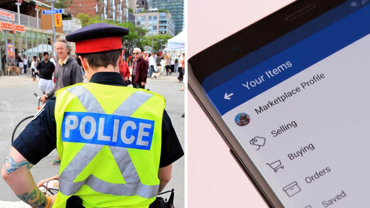 Toronto Police officer. Right: Facebook Marketplace profile on a phone.