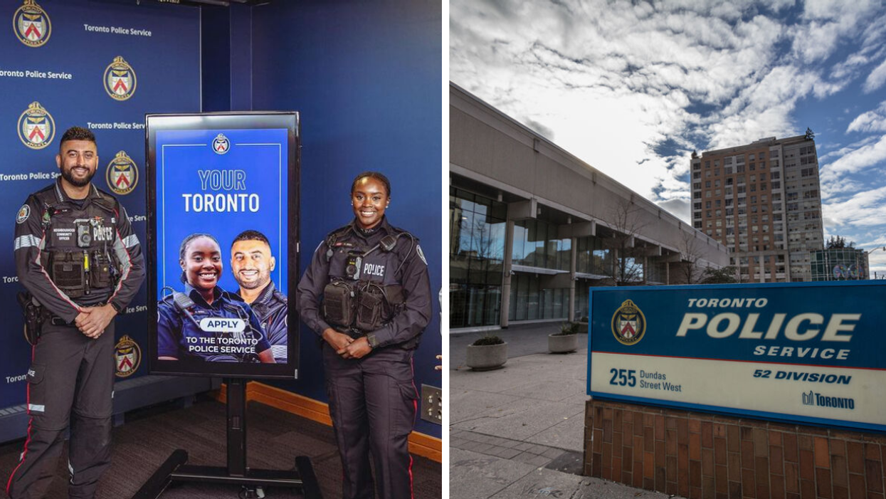 Toronto police officers by hiring campaign sign. Right: Toronto Police Service office.