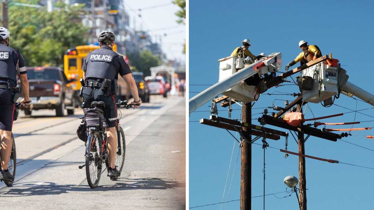 Toronto Police officers on bicycles. Right: Workers repairing hydro lines.