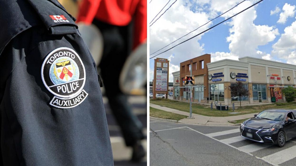 Toronto Police uniform. Right: Rexdale Boulevard and Humberwood Boulevard area.