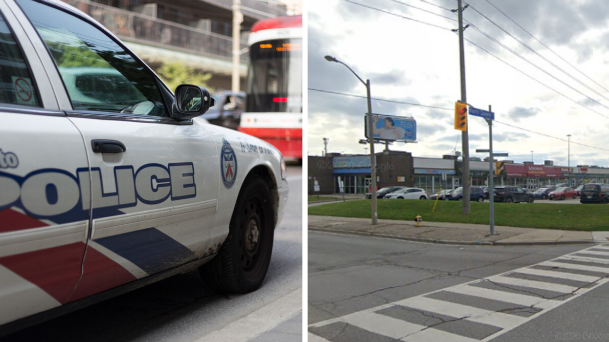 Toronto police vehicle, Right: Intersection of North Queen Street and The East Mall