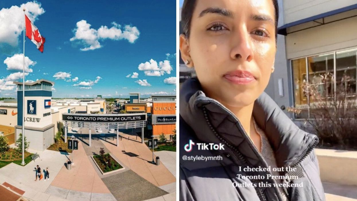 Toronto Premium Outlets in Halton Hills. Right: Tiktoker Maha sharing her shopping tips.