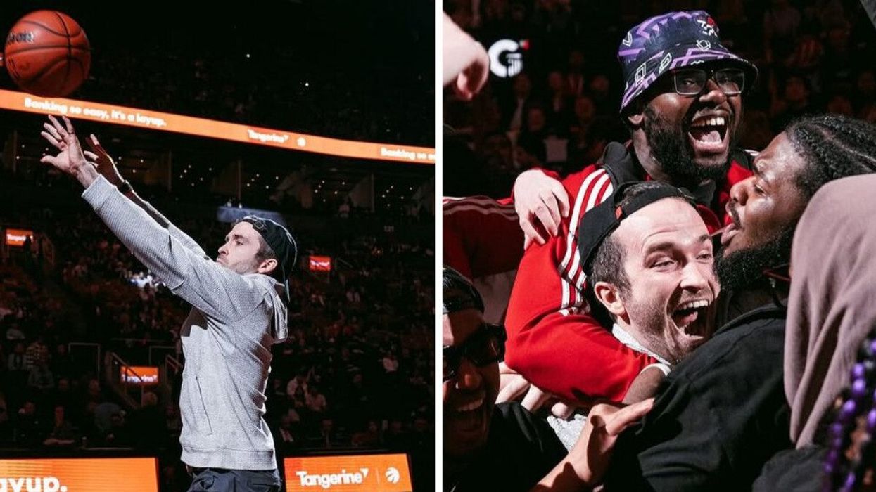 Toronto Raptors fan shooting a basketball. Right: Toronto Raptors fan celebrates after hitting half-court shot to win season tickets.