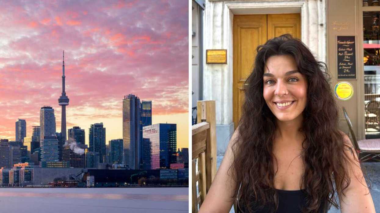 Toronto's skyline at sunset. Right: A person sitting and smiling.