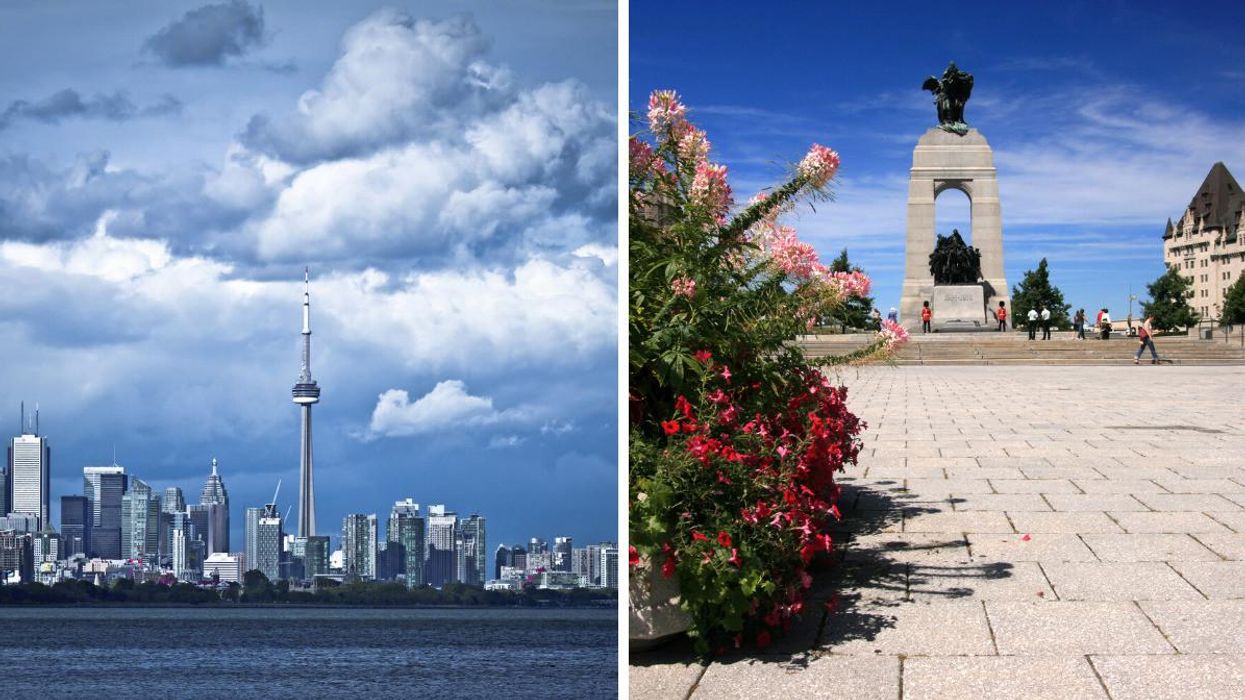 Toronto's skyline during a storm. Right: Flowers and a memorial structure in Ottawa during the summer months.