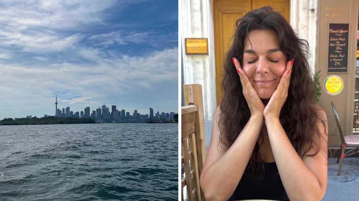 Toronto's skyline from Lake Ontario. Right: A person sitting with their face framed by their hands and their eyes closed.