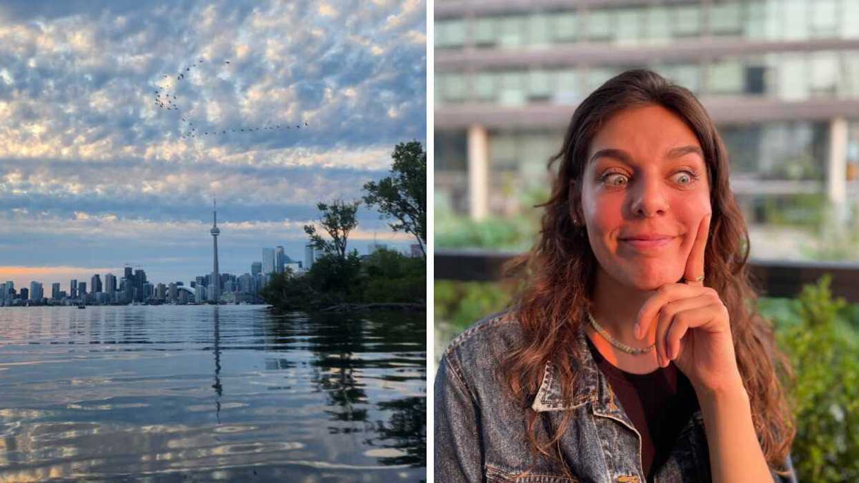 Toronto's skyline over Lake Ontario. Right: A person with a silly, sheepish expression on their face.