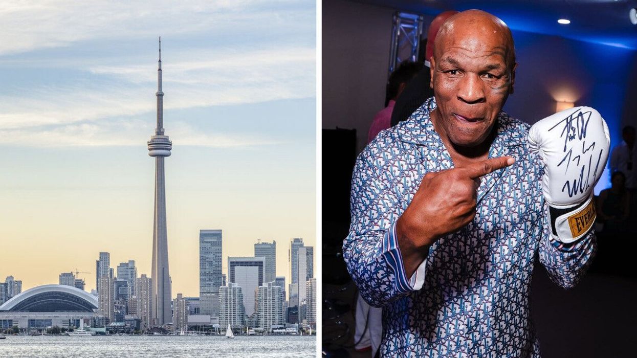 Toronto's skyline with the CN Tower and Rogers Centre. Right: Mike Tyson.