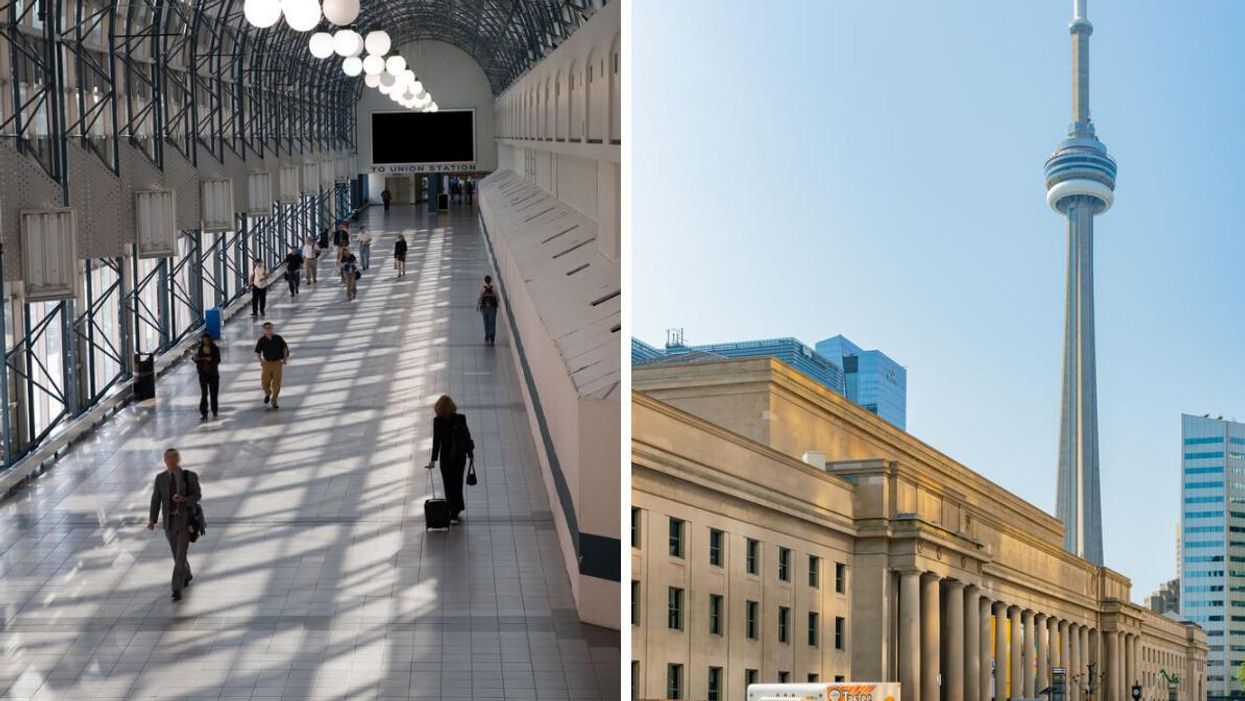 Toronto's Union Station. Right: CN Tower.
