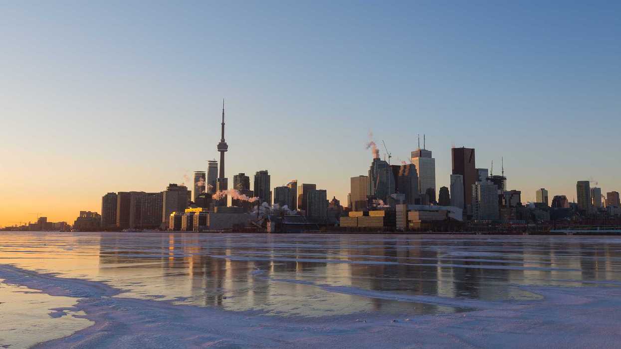 Toronto skyline at sunset on a winter day.
