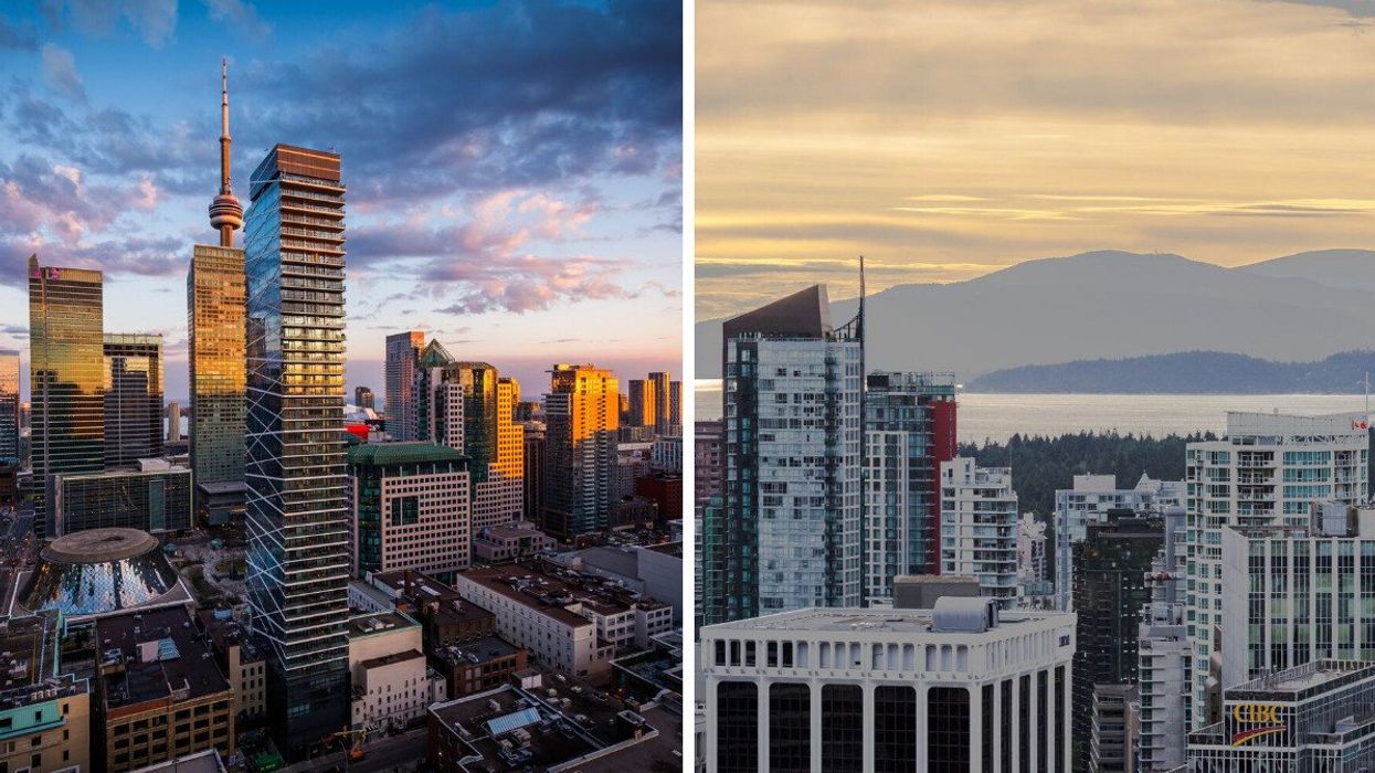 Toronto skyline at sunset. Right: Vancouver skyline at sunset.