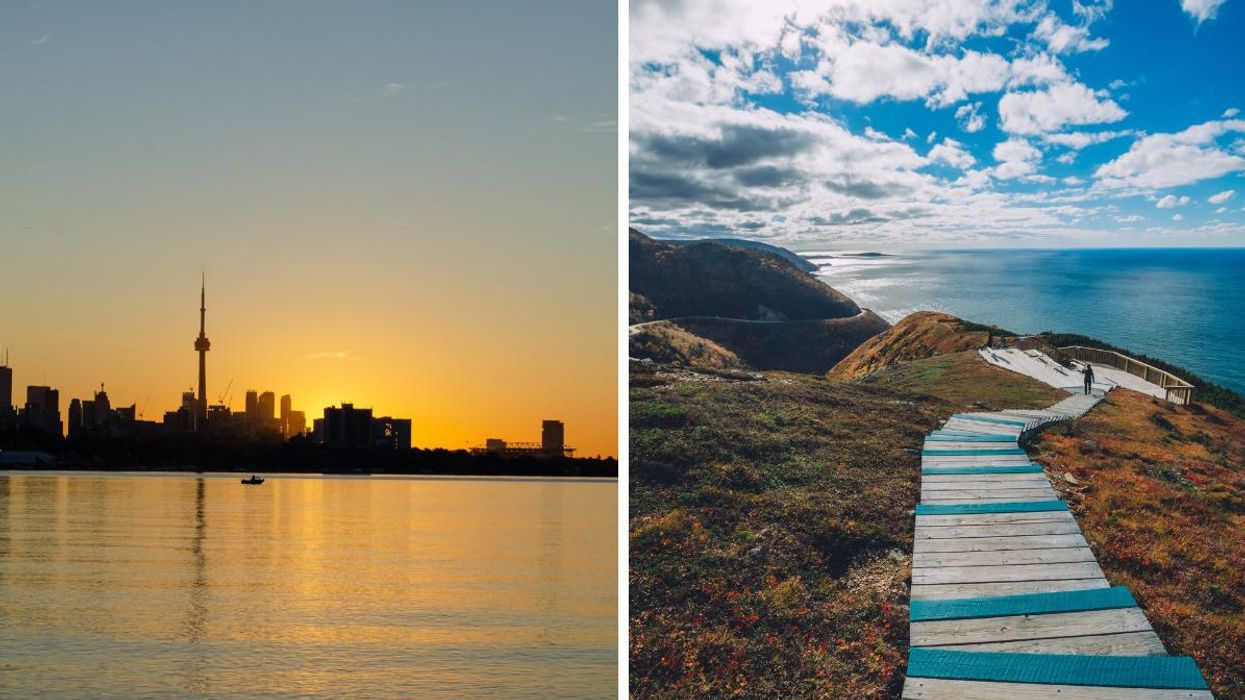 Toronto skyline during sunset. Right: Oceanside trail in Nova Scotia.