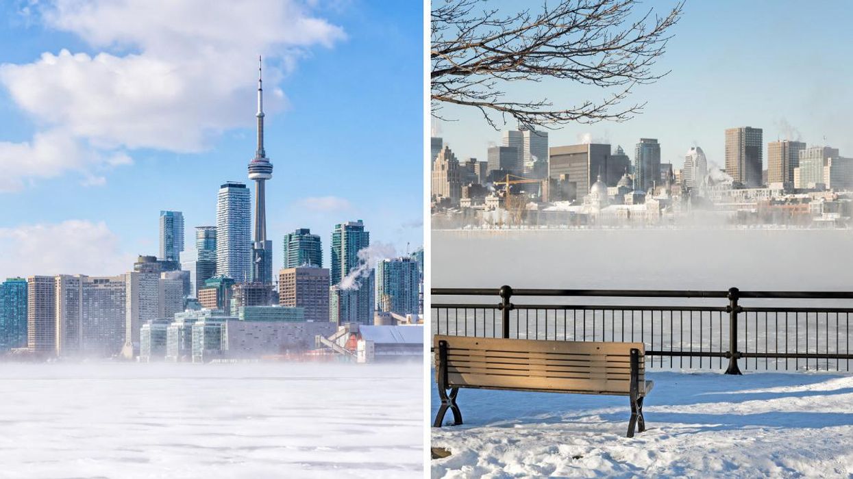 Toronto skyline during winter. Right: Downtown Montreal skyline during winter.
