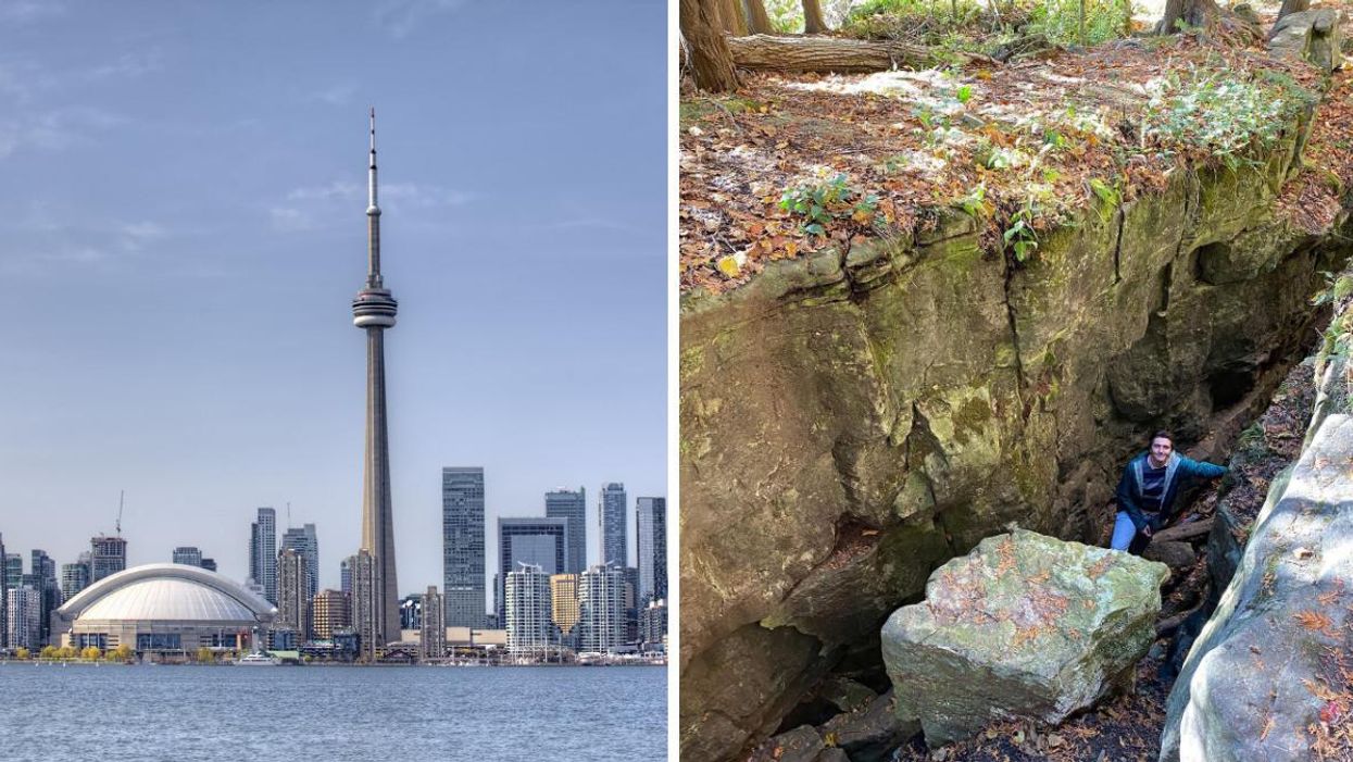 Toronto skyline featuring the CN Tower. Right: Tristan Wheeler in the Canadian wilderness.