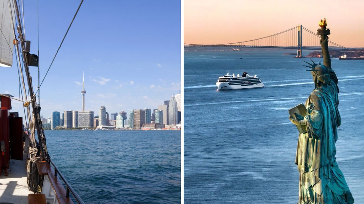 Toronto skyline from the lake. Right: A cruise ship making its way into New York City.