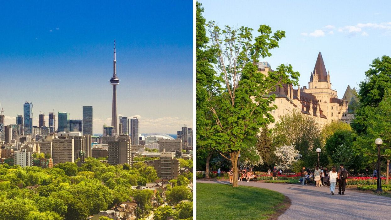 Toronto skyline on a sunny day. Right: A park in Ottawa on a sunny day.