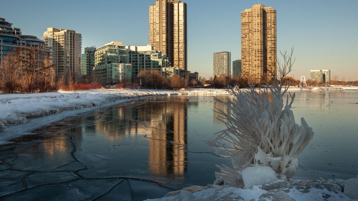 Toronto skyline reflected in a frozen lakeshore scene, with icy branches in the foreground at golden hour.