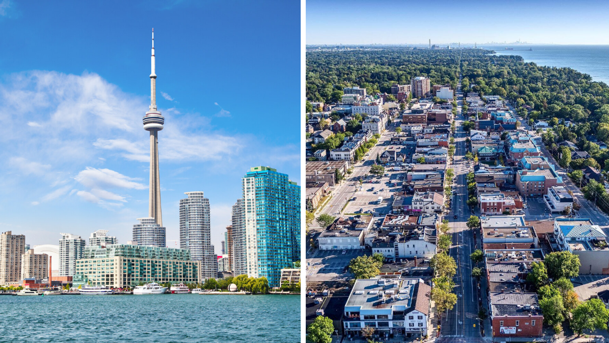 Toronto skyline, Right: Aerial view of Oakville.