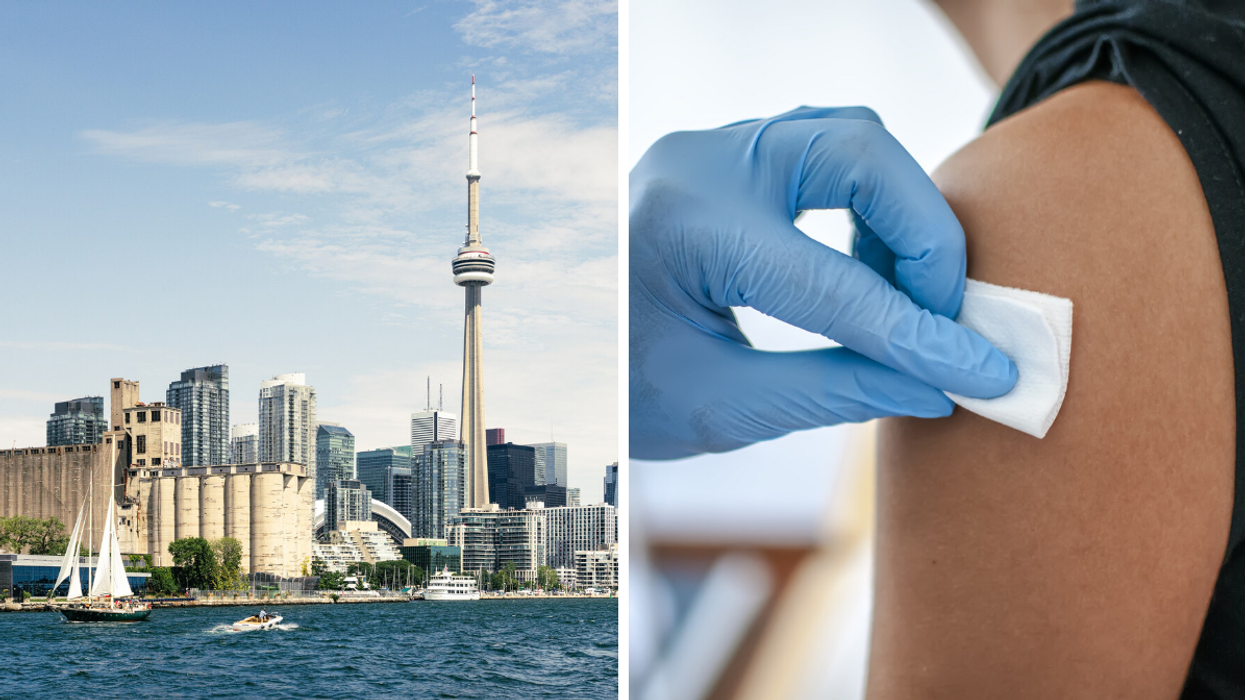 Toronto skyline. Right: Disinfecting an arm before vaccination.