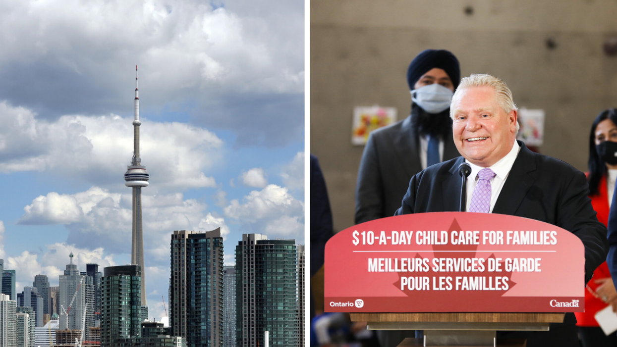 Toronto skyline. Right: Premier Doug Ford announcing the $10-a-day childcare deal.