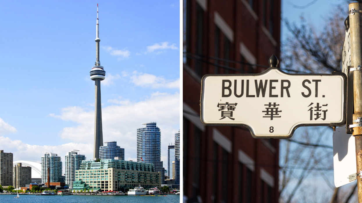 Toronto skyline. Right: Street sign in Toronto's Chinatown.