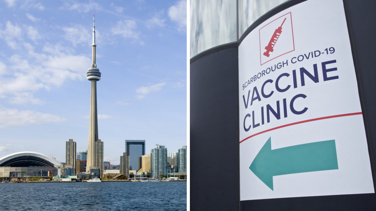 Toronto skyline. Right: Vaccine clinic in Scarborough.