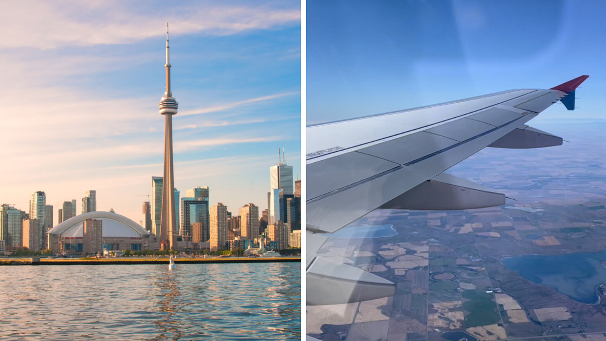Toronto skyline. Right: View out of Canada Jetlines window.