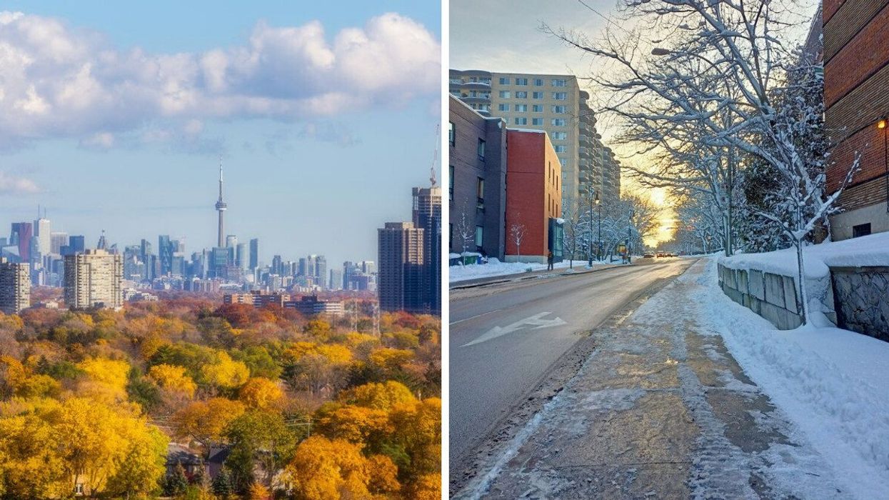 toronto skyline with the cn tower and trees during the fall. right: snow covered street and trees in montreal