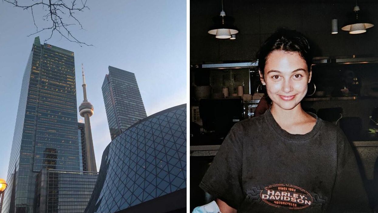 Toronto skyscrapers and CN Tower. Right: Sierra Riley in Vancouver restaurant.