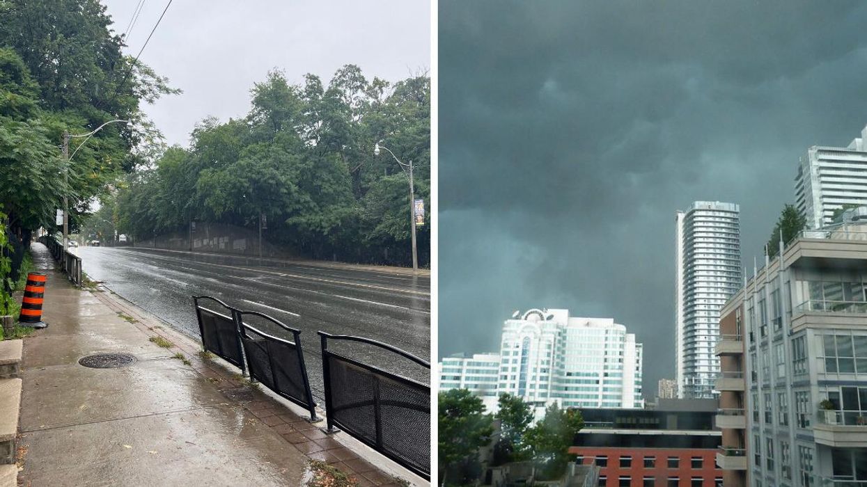 Toronto street in the rain. Right: Storm clouds looming
