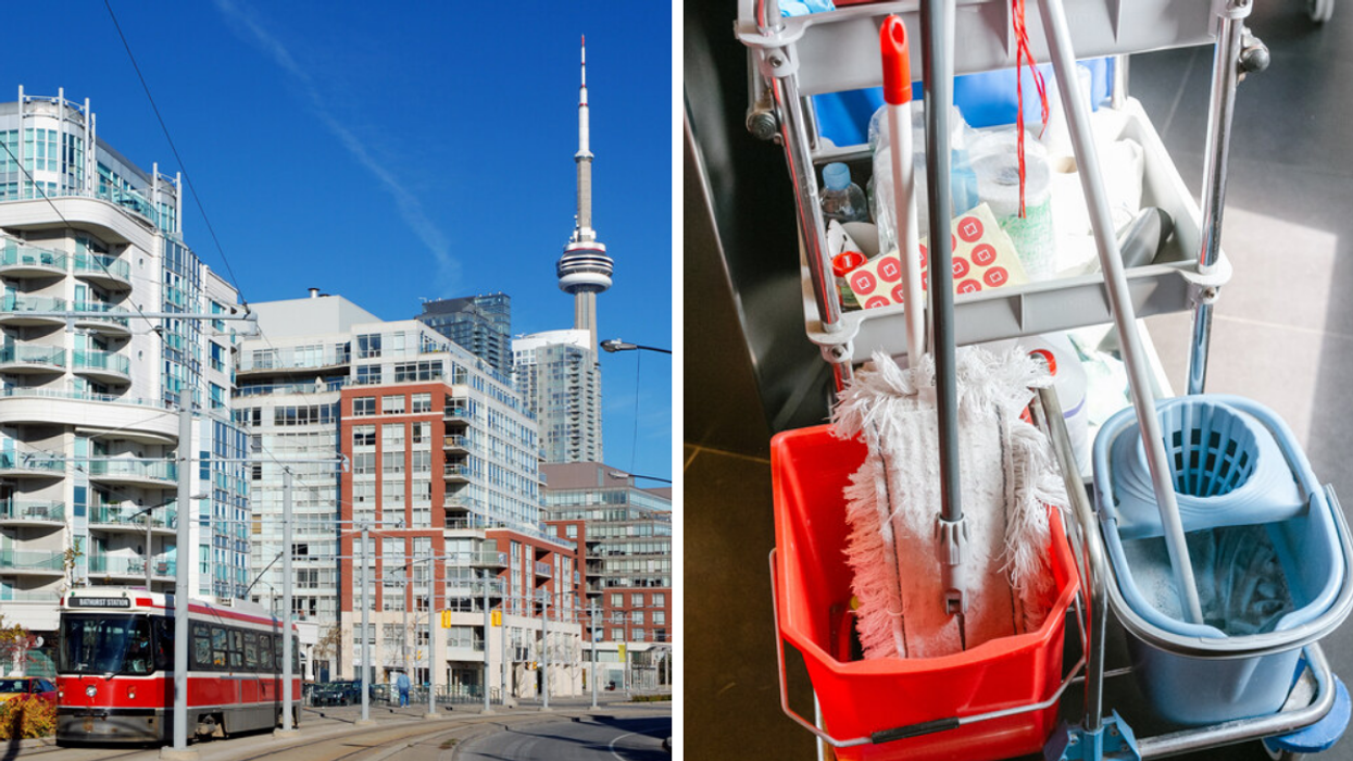 Toronto street with a view of the CN Tower. Right: Cleaning cart.