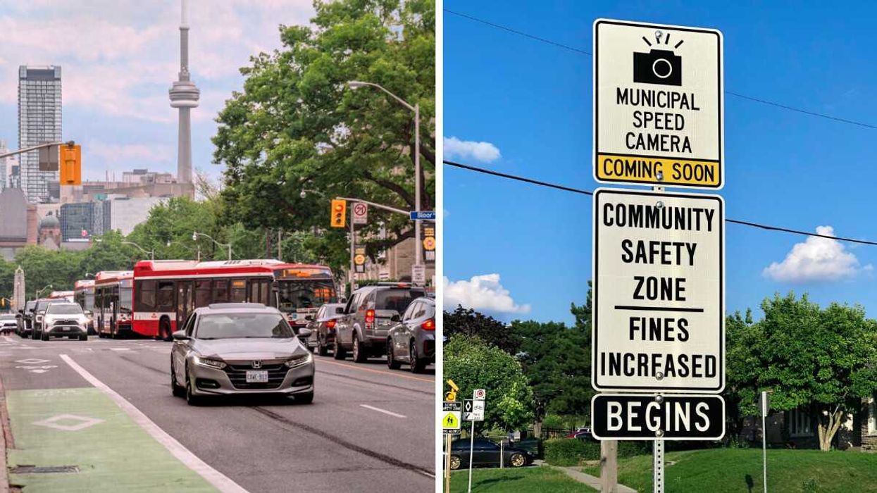 Toronto traffic. Right: Municipal speed camera coming soon sign.