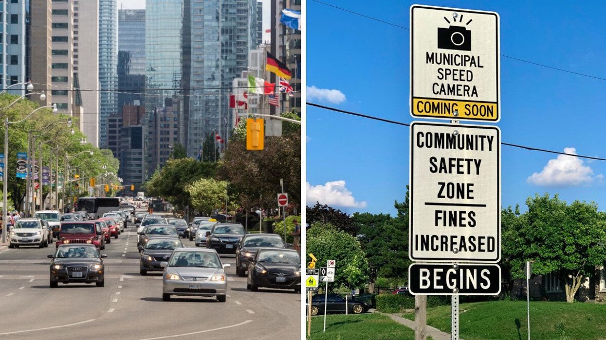 Toronto traffic. Right: Speed camera coming soon sign in Toronto.