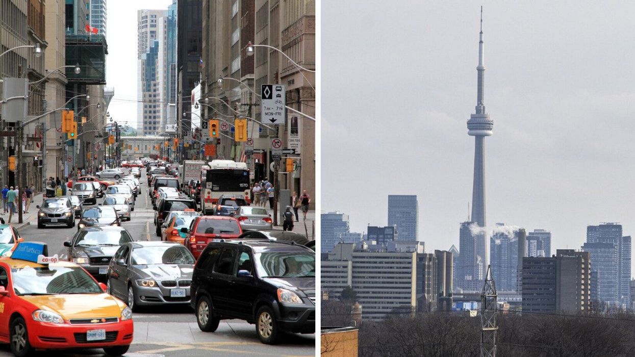 Toronto traffic. Right: The CN Tower.