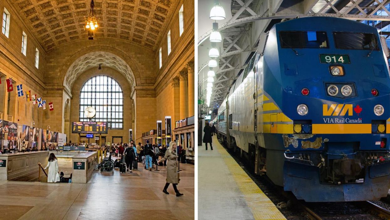 Toronto Union Station. Right: A VIA Rail train.
