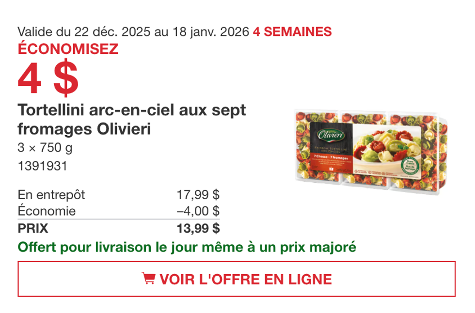 Tortellini arc-en-ciel aux sept fromages Olivieri 3 x 750 g sur le site de Costco.